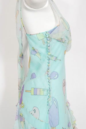 2002 Christian Dior by Galliano Novelty Candy Print Silk Bias-Cut Gown