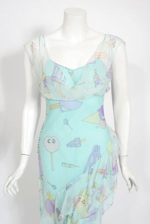2002 Christian Dior by Galliano Novelty Candy Print Silk Bias-Cut Gown