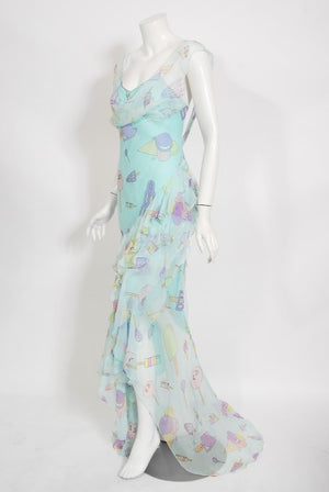 2002 Christian Dior by Galliano Novelty Candy Print Silk Bias-Cut Gown