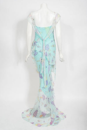 2002 Christian Dior by Galliano Novelty Candy Print Silk Bias-Cut Gown