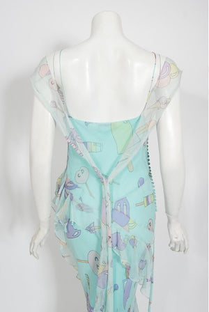 2002 Christian Dior by Galliano Novelty Candy Print Silk Bias-Cut Gown