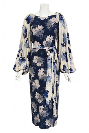 1930's Arthur Weiss Blue & Ivory Floral Print Silk Balloon-Sleeve Dress