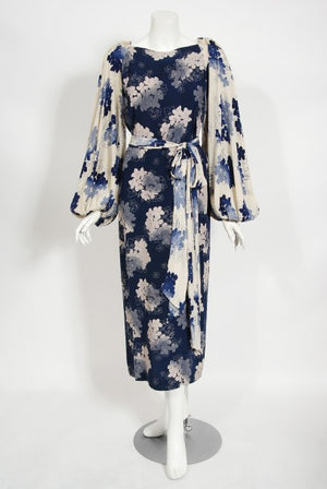 1930's Arthur Weiss Blue & Ivory Floral Print Silk Balloon-Sleeve Dress