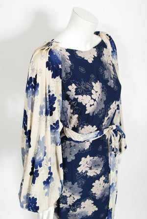 1930's Arthur Weiss Blue & Ivory Floral Print Silk Balloon-Sleeve Dress