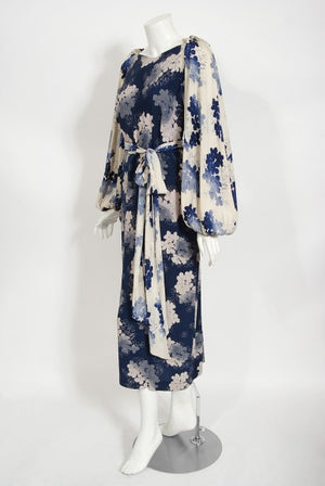 1930's Arthur Weiss Blue & Ivory Floral Print Silk Balloon-Sleeve Dress