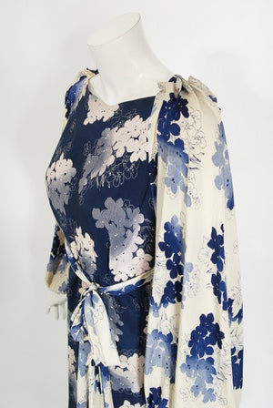 1930's Arthur Weiss Blue & Ivory Floral Print Silk Balloon-Sleeve Dress