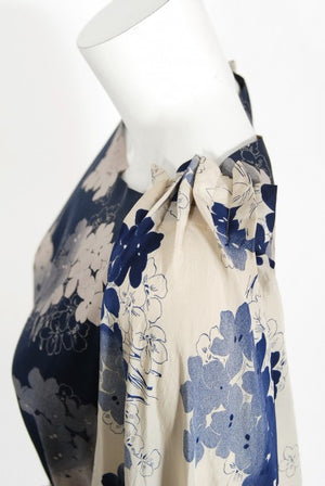 1930's Arthur Weiss Blue & Ivory Floral Print Silk Balloon-Sleeve Dress