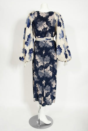1930's Arthur Weiss Blue & Ivory Floral Print Silk Balloon-Sleeve Dress