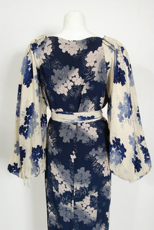 1930's Arthur Weiss Blue & Ivory Floral Print Silk Balloon-Sleeve Dress
