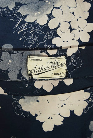 1930's Arthur Weiss Blue & Ivory Floral Print Silk Balloon-Sleeve Dress
