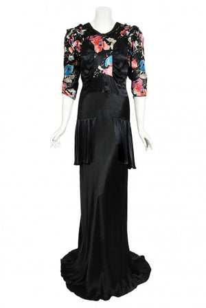 1930's Black Floral Print Silk Satin Tiered Bias-Cut Hourglass Deco Gown
