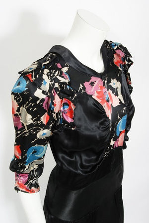 1930's Black Floral Print Silk Satin Tiered Bias-Cut Hourglass Deco Gown