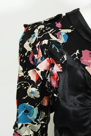 1930's Black Floral Print Silk Satin Tiered Bias-Cut Hourglass Deco Gown