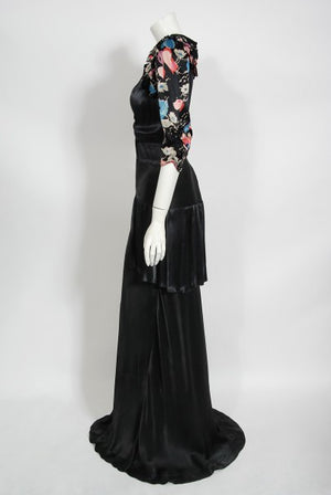 1930's Black Floral Print Silk Satin Tiered Bias-Cut Hourglass Deco Gown