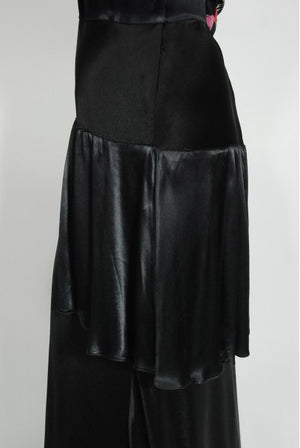 1930's Black Floral Print Silk Satin Tiered Bias-Cut Hourglass Deco Gown