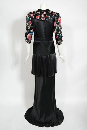 1930's Black Floral Print Silk Satin Tiered Bias-Cut Hourglass Deco Gown