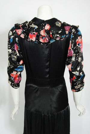 1930's Black Floral Print Silk Satin Tiered Bias-Cut Hourglass Deco Gown