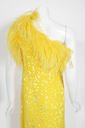 1970s Mollie Parnis Bright Yellow Flocked Silk One-Shoulder Feather Gown