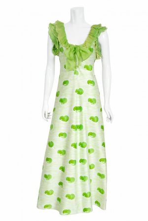 1974 Courreges Documented Green Print Cotton & Ruffle Organza Gown