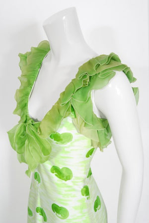 1974 Courreges Documented Green Print Cotton & Ruffle Organza Gown
