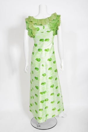 1974 Courreges Documented Green Print Cotton & Ruffle Organza Gown