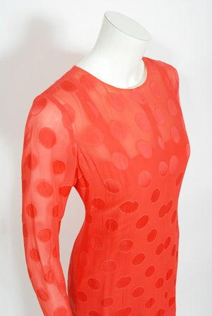 1973 Givenchy Haute Couture Orange Dotted Silk Carwash-Hem Caftan Gown
