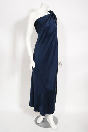 1976 Halston Couture Navy Silk Draped One-Shoulder Wrap Goddess Gown