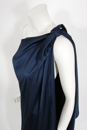1976 Halston Couture Navy Silk Draped One-Shoulder Wrap Goddess Gown