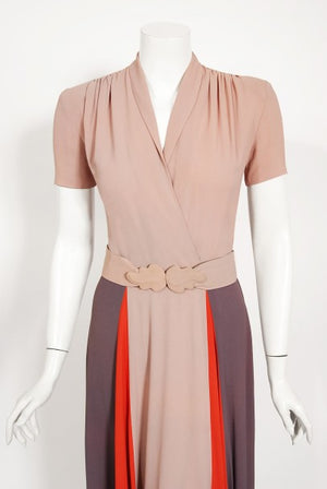 1940's New York Creation Taupe Block-Color Crepe Belted Maxi Dress Gown