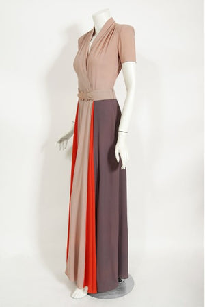 1940's New York Creation Taupe Block-Color Crepe Belted Maxi Dress Gown
