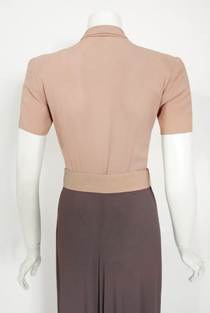 1940's New York Creation Taupe Block-Color Crepe Belted Maxi Dress Gown