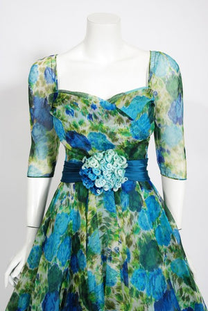 1959 Helga Couture Documented Watercolor Floral Silk Organza Dress