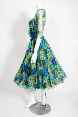 1959 Helga Couture Documented Watercolor Floral Silk Organza Dress