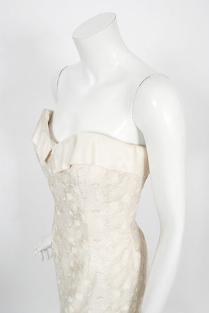 1990's Nolan Miller Couture Ivory Embroidered Silk Mermaid Gown