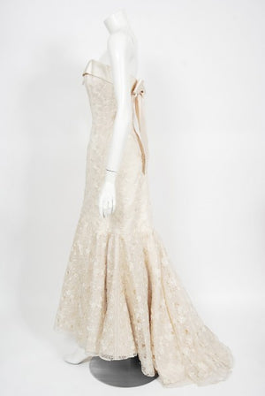 1990's Nolan Miller Couture Ivory Embroidered Silk Mermaid Gown