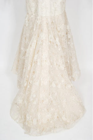 1990's Nolan Miller Couture Ivory Embroidered Silk Mermaid Gown