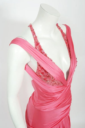 2005 Versace Couture Runway Pink Beaded Stretch Silk High-Low Gown