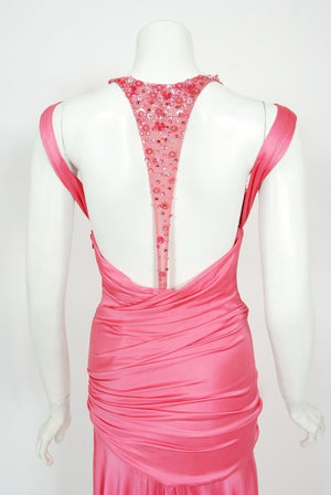 2005 Versace Couture Runway Pink Beaded Stretch Silk High-Low Gown