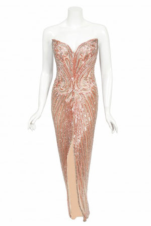 1970's Bob Mackie Couture Beaded Strapless Hourglass High-Slit Gown