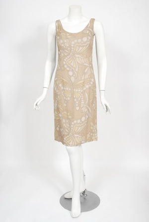 1969 Galanos Couture Nude Butterfly Print Sheer Silk Pleated Shift Dress