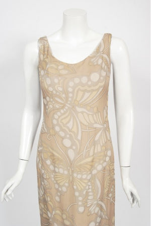 1969 Galanos Couture Nude Butterfly Print Sheer Silk Pleated Shift Dress