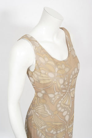 1969 Galanos Couture Nude Butterfly Print Sheer Silk Pleated Shift Dress