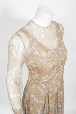 1969 Galanos Couture Nude Butterfly Print Sheer Silk Pleated Shift Dress