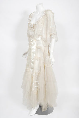 1973 Zandra Rhodes Couture Hand Painted Ivory Sheer Chiffon & Tulle Gown