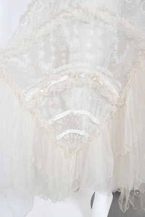 1973 Zandra Rhodes Couture Hand Painted Ivory Sheer Chiffon & Tulle Gown