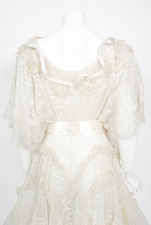1973 Zandra Rhodes Couture Hand Painted Ivory Sheer Chiffon & Tulle Gown