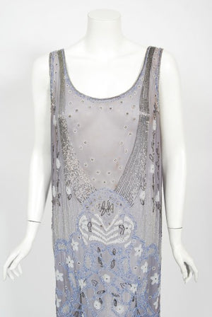1920's Periwinkle Beaded Rhinestone Silk Chiffon Cut-Out Flapper Dress