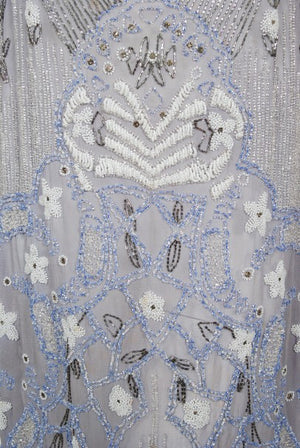 1920's Periwinkle Beaded Rhinestone Silk Chiffon Cut-Out Flapper Dress