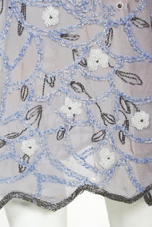 1920's Periwinkle Beaded Rhinestone Silk Chiffon Cut-Out Flapper Dress
