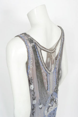 1920's Periwinkle Beaded Rhinestone Silk Chiffon Cut-Out Flapper Dress